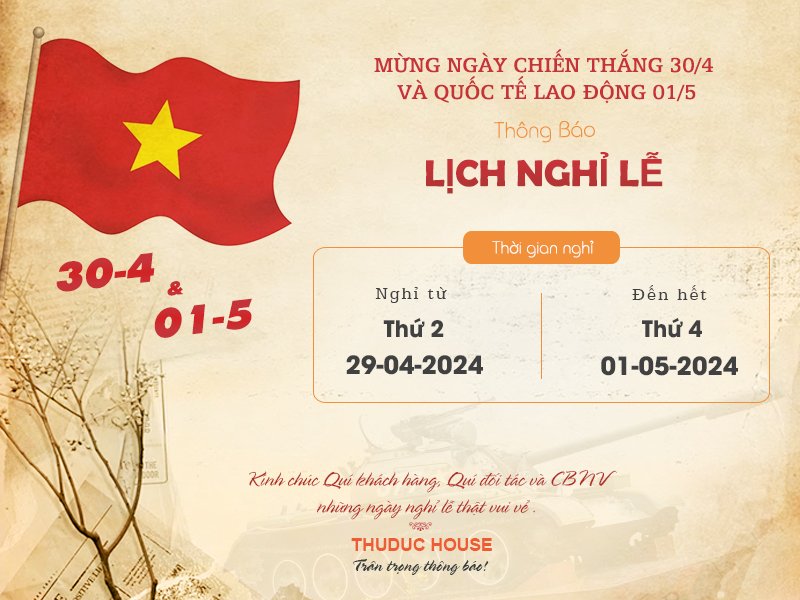 Thông báo lịch nghỉ  Mừng Ngày Chiến Thắng 30/4 và Quốc Tế Lao Động 01/05