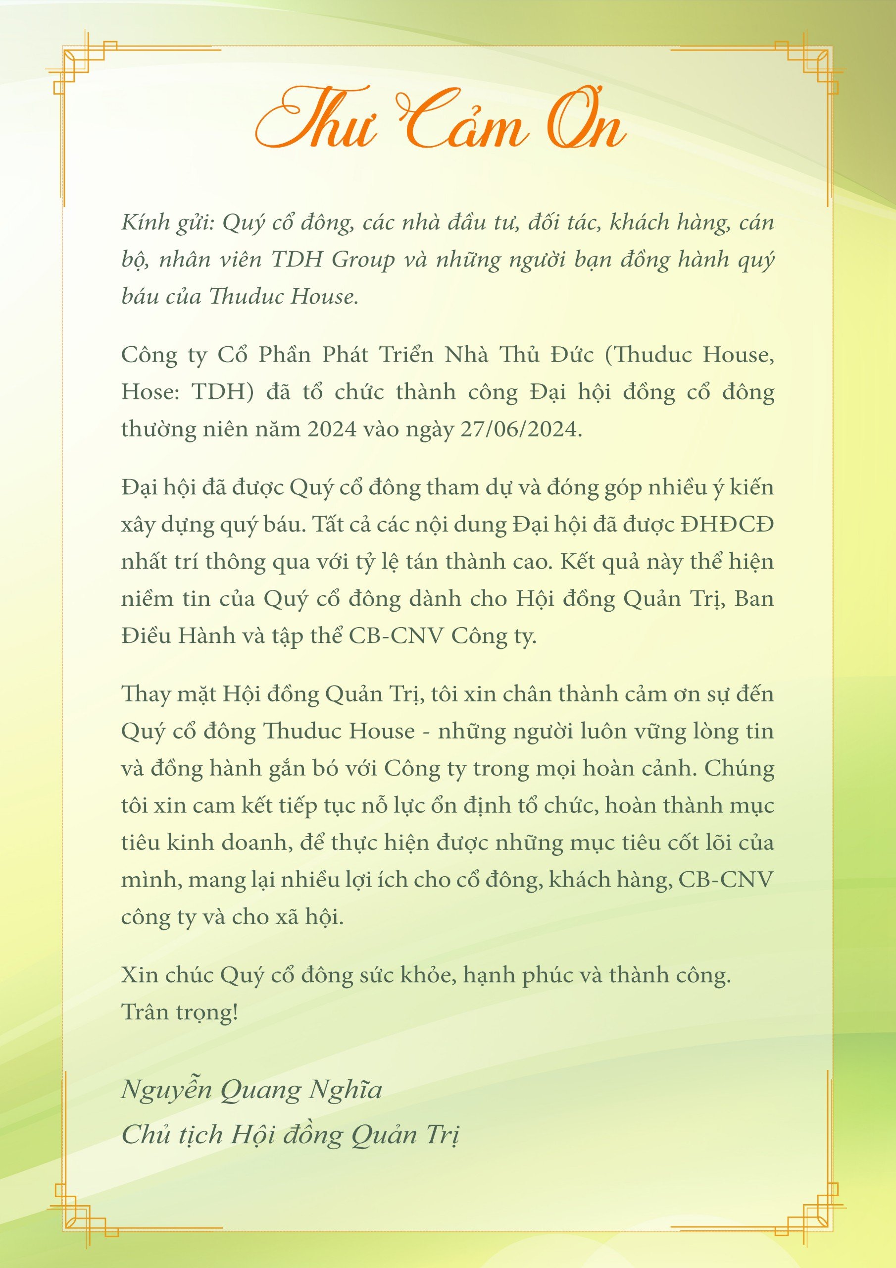 Thư cảm ơn cổ đông  của Chủ tịch Hội Đồng Quản Trị