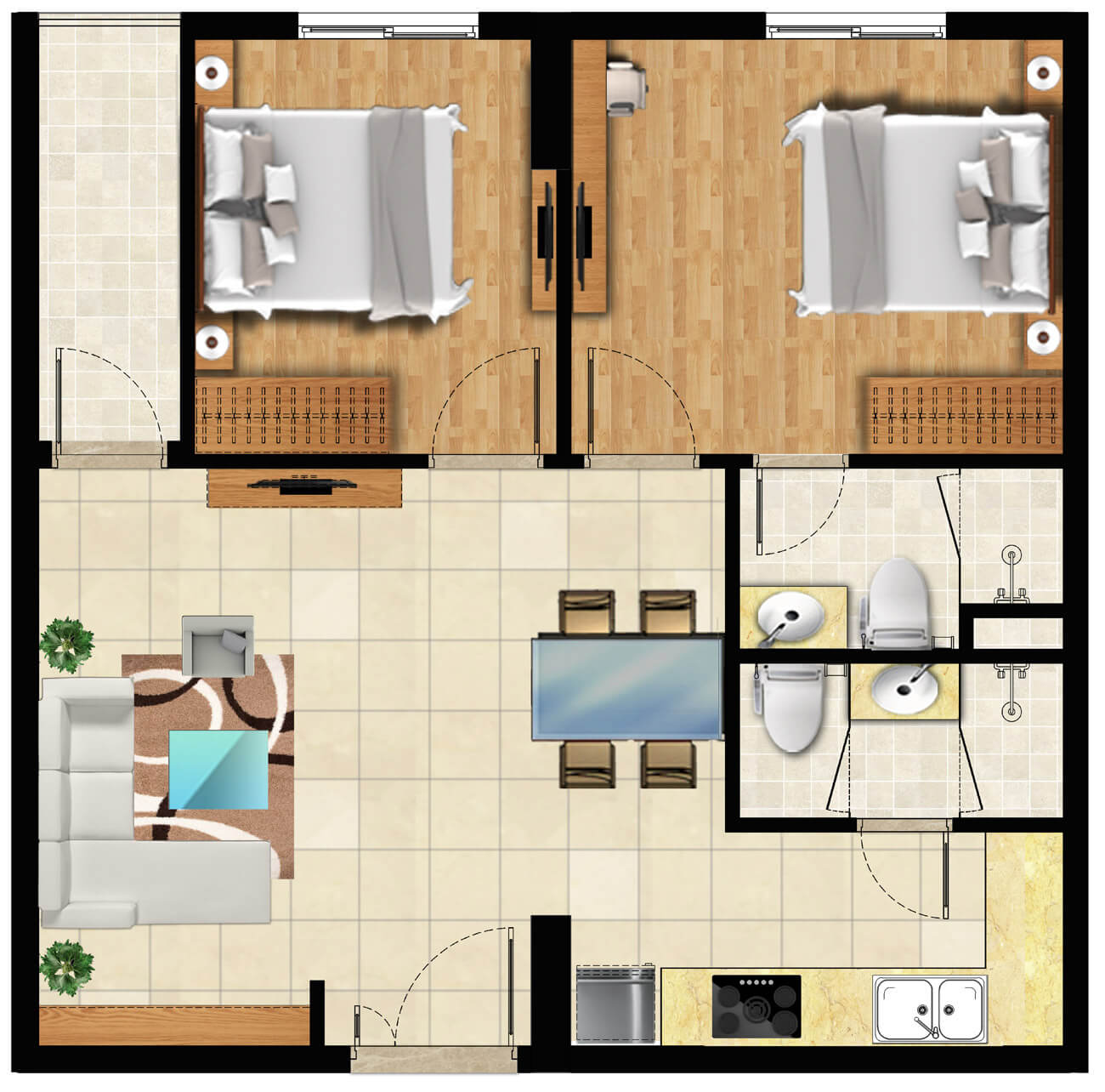 Mẫu căn hộ 02 phòng ngủ (61,4m2)